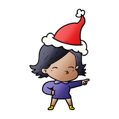 gradient cartoon of a woman pointing wearing santa hat