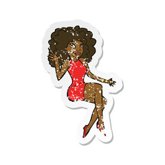 retro distressed sticker of a cartoon sitting woman waving