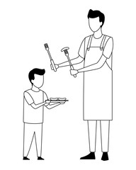faceless father and son barbecue food in black and white