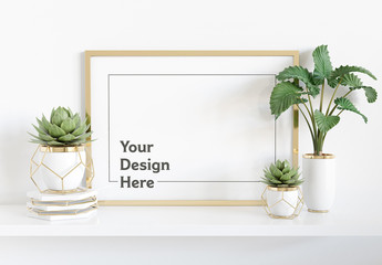 
Horizontal Frame on Shelf with Plants Mockup