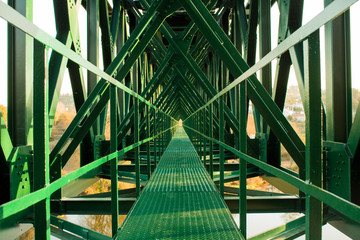 Metal structure of railway bridge, railway with vanishing point in the center. Trees on the...