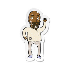 retro distressed sticker of a cartoon bearded man waving