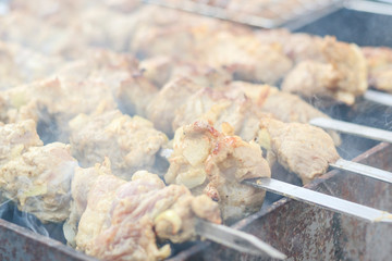 picnic. small grill. on it is cooking kebabs. shallow depth of cut. smoke and frying are real