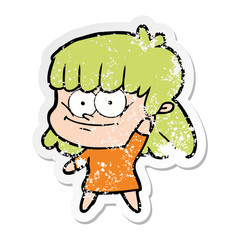distressed sticker of a cartoon girl smiling
