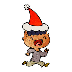textured cartoon of a happy boy laughing and running away wearing santa hat