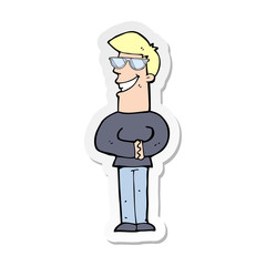sticker of a cartoon grinning man with glasses