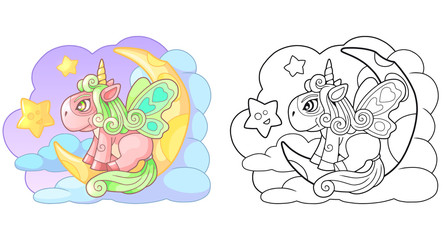 little cartoon pony unicorn sitting on the moon, funny illustration