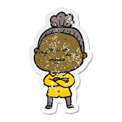 distressed sticker of a cartoon annoyed old lady