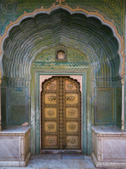 Architectural details of Peacock Gate, Chandra Mahal, City Palace, Jaipur, Rajasthan, India