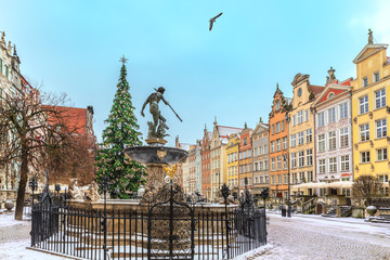 Christmas Gdansk, the Neptune's Fountain in Long market, no people