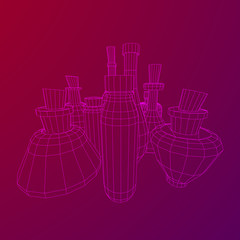 Different wine bottles. Model wireframe low poly mesh vector illustration