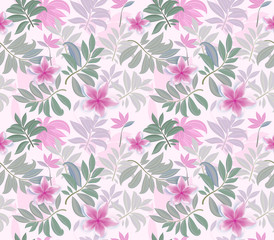 Fototapeta na wymiar Tropical plants, jungle green palm leaves and flowers on Pink background. Seamless pattern
