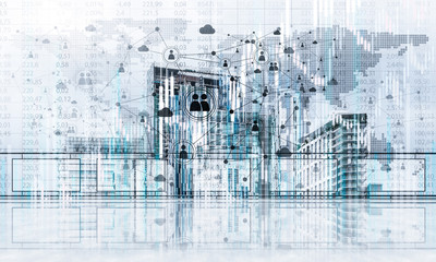 Obraz premium Concept of global communication and networking with world map over cityscape