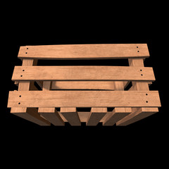 Wooden box for transportation and storage of products. Empty crate for fruits and vegetables. 3d render on black background.