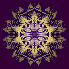 Pattern Of Mandala. Vector Illustration. Modern Decorative Floral Color Mandala. Decorative Cicle Ornament. Floral Design. Purple gold color