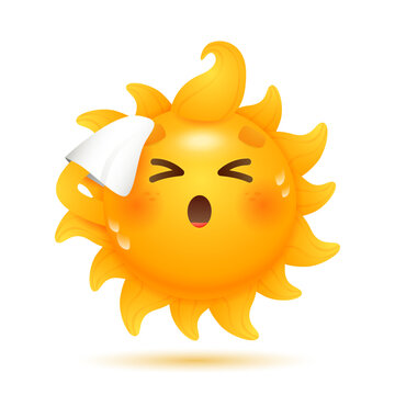 Cartoon sun moping its forehead illustration. Handkerchief, tissue, heat. Weather forecast concept. Can be used for topics like summer, weekend, beach