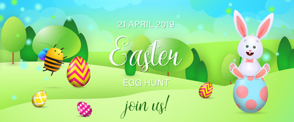 Easter Egg Hunt festive banner design. Cheerful bunny, bee and colored eggs on meadow. Illustration can be used for posters, flyers, invitation cards