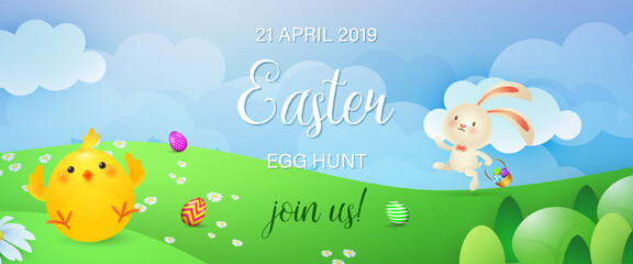 Easter Egg Hunt, join us banner design. Cute bunny with flag, chicken and eggs on meadow. Illustration can be used for posters, flyers, leaflets