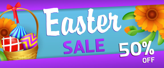 Easter sale banner design. Fifty percent discount, colored eggs and orange flowers on blue and violet background. Illustration can be used for adverts, leaflets, posters