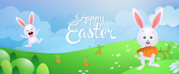 Happy Easter banner design. Cheerful rabbits picking carrots on flowery meadow. Illustration can be used for posters, flyers, leaflets