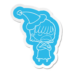 cartoon  sticker of a woman talking loudly wearing santa hat