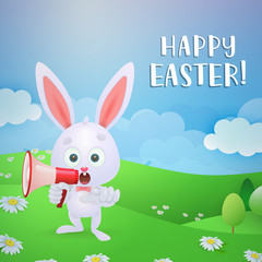 Obraz na płótnie Canvas Happy Easter greeting card design. Cute little bunny shouting at megaphone on flowery meadow. Illustration can be used for posters, flyers, announcements