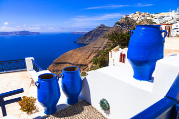 Streetes of  Santorini island. traditional architecturral details and view of caldera, Greece,Cyclades