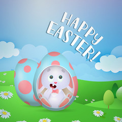 Happy Easter greeting card design. Hungry baby rabbit in colored egg shell on flowery meadow. Illustration can be used for posters, flyers, banners