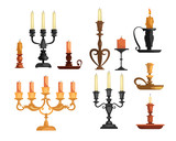 Antique candleholders set. Collection for interior decoration. Can be used for topics like vintage, holiday, event
