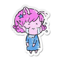 distressed sticker of a cartoon crying alien girl