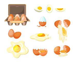 Cooking eggs set. Cracked and peeled eggs collection. Can be used for topics like easter, dinner, farm