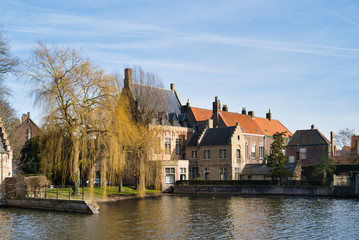 BRUGES, BELGIUM - FEBRUARY 17, 2019: tree on the canal bank, medieval architecture of buildings