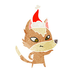 friendly retro cartoon of a wolf wearing santa hat