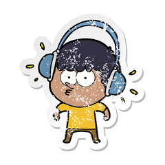 distressed sticker of a cartoon boy listening to headphones