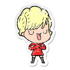 distressed sticker of a cartoon woman talking