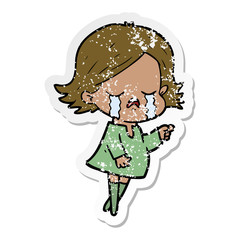 distressed sticker of a cartoon girl crying