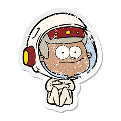 distressed sticker of a happy astronaut cartoon