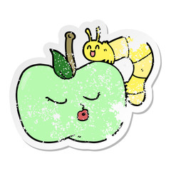 distressed sticker of a cartoon pretty apple and bug