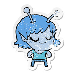 distressed sticker of a smiling alien girl cartoon