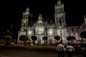 Fototapeta premium Main facade of the Mexico City Metropolitan Cathedral at night, Mexico City, Mexico