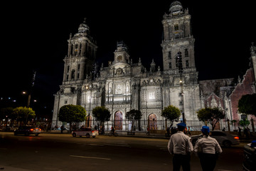 Main facade of the Mexico City Metropolitan Cathedral at night, Mexico City, Mexico