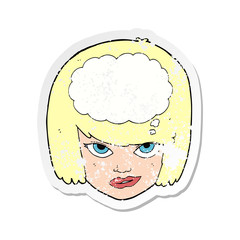 retro distressed sticker of a cartoon woman thinking