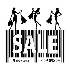 Barcode icon with text sale and black silhouettes of women