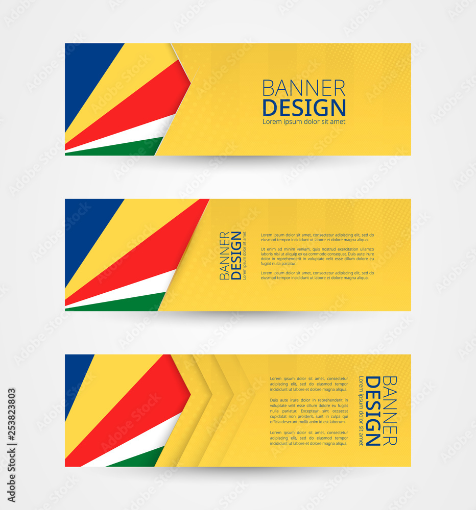 Wall mural Set of three horizontal banners with flag of Seychelles. Web banner design template in color of Seychelles flag.