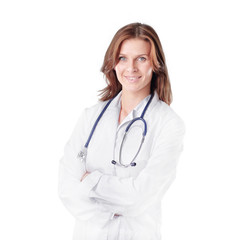 Fototapeta premium portrait of young woman doctor isolated on white.