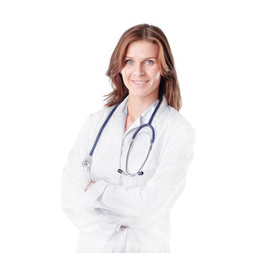 portrait of young woman doctor isolated on white.