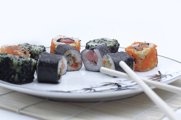 close-up of sushi rolls on the plate