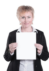 closeup.business woman holding a blank sheet. isolated on white.