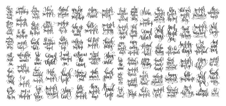 set of 100 hand lettering inscriptions text to summer holiday design
