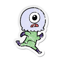 distressed sticker of a cartoon cyclops alien spaceman running